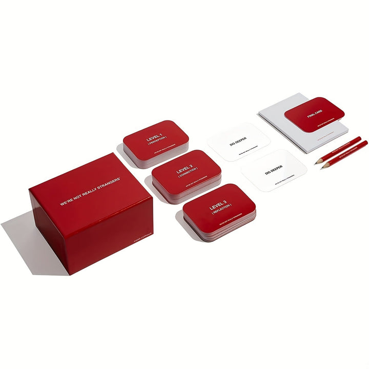 Rotes Kartenspiel "We're Not Really Strangers", Kartenstapel, Box, Bleistifte, Partyspiel.