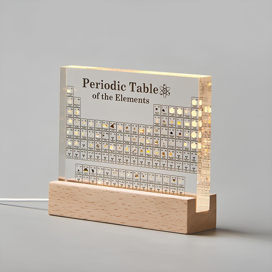 Leuchtendes Periodensystem aus Acrylglas mit Holzsockel, dekorative Tischlampe, modern.