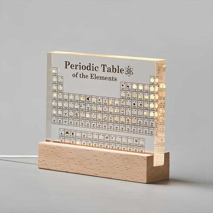Leuchtendes Periodensystem aus Acrylglas mit Holzsockel, dekorative Tischlampe, modern.