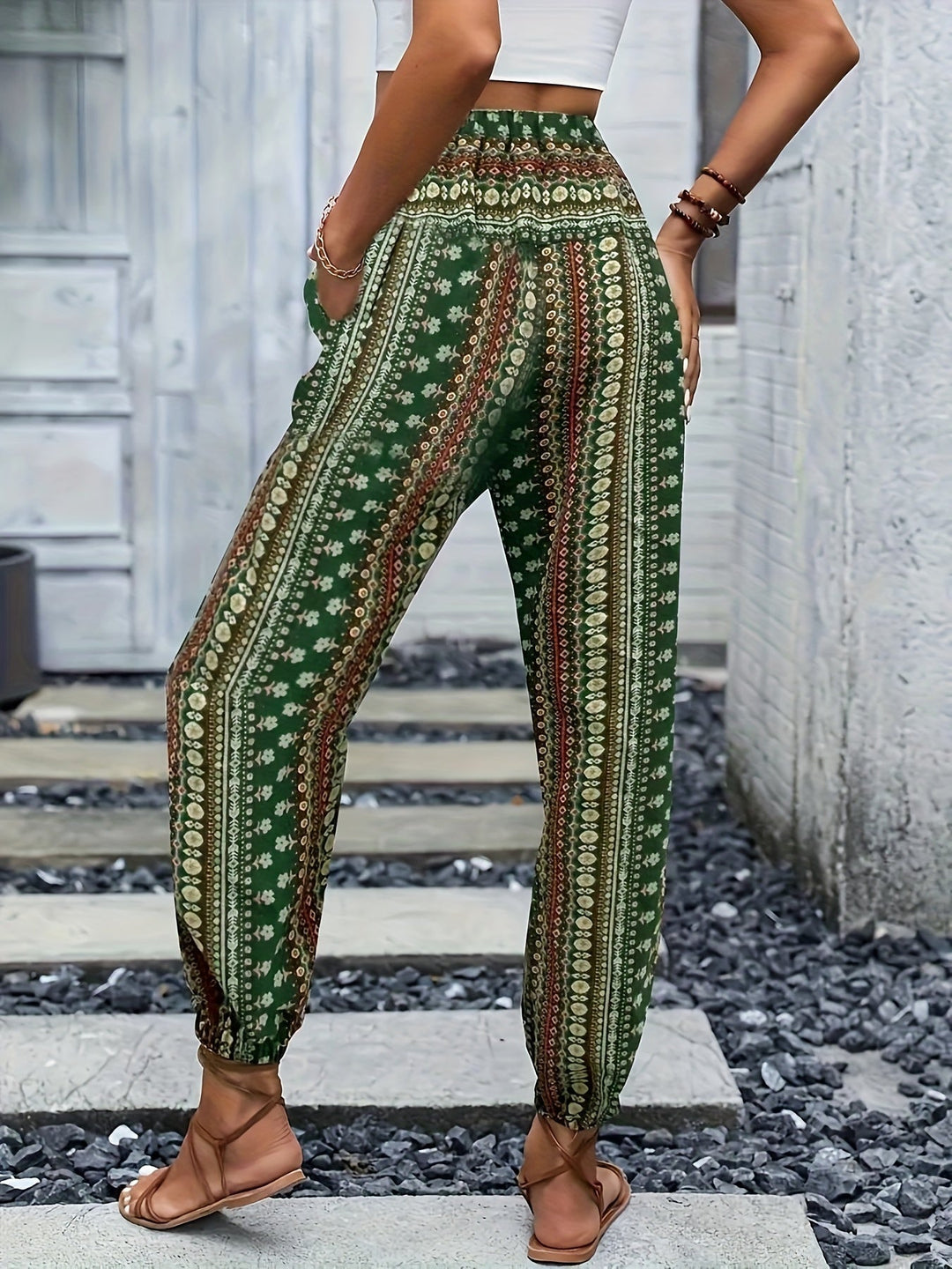 Boho Haremové dámské kalhoty s potiskem a nabíraným pasem – Linara