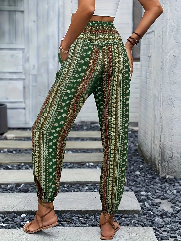 Boho Haremové dámské kalhoty s potiskem a nabíraným pasem – Linara