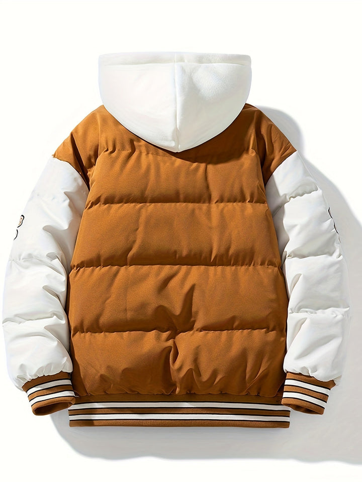 Braune und weiße Daunenjacke mit Kapuze, gesteppt, modisch, warm, Winterbekleidung.