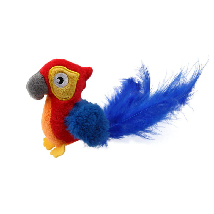 Buntes Papageien-Plüschtier mit blauen Federn, weiches Spielzeug für Kinder, Geschenkidee.