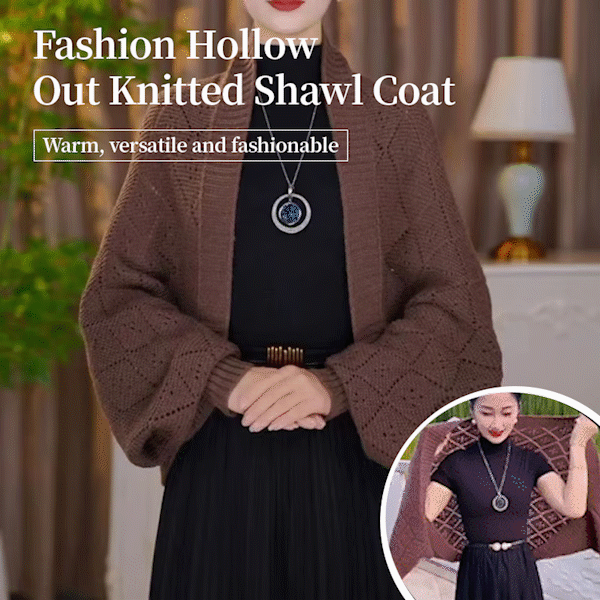 Hnědý ažurový kardigan na modelce, v rohu malý snímek, jak se šál nosí přes ramena 11