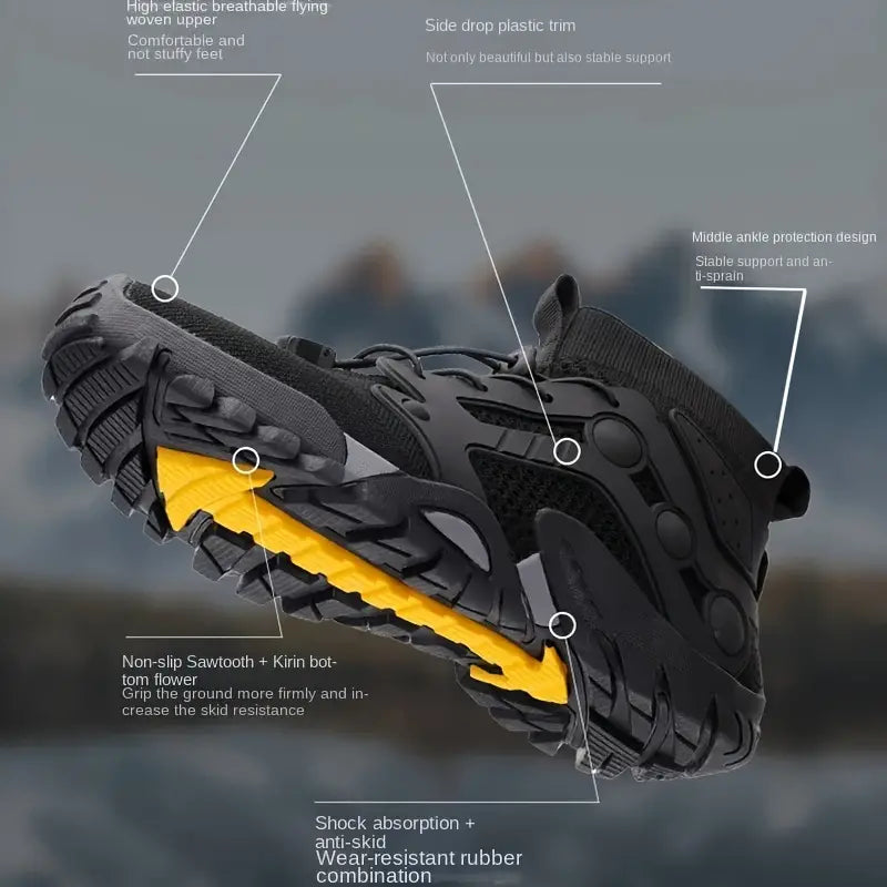 Schwarzer Wanderschuh mit gelber Sohle, rutschfest, atmungsaktiv, robustes Design.