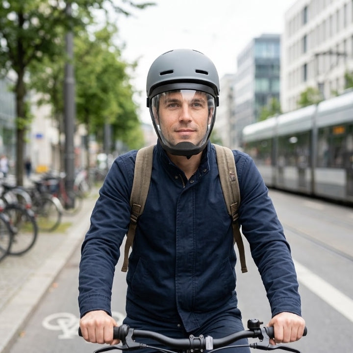 Muž jedoucí na kole městem má pod cyklistickou helmou nasazenou čirou clonu chránící obličej před větrem a prachem. 4