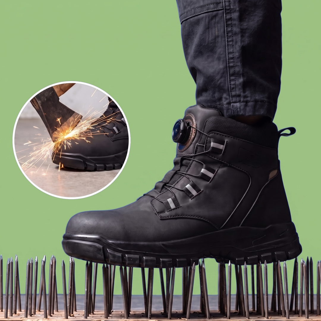 Bota stojící na hřebících, v kruhovém výřezu sekera jiskřící o špičku boty 3