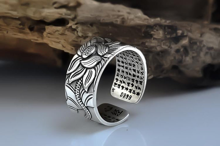 Silberner verstellbarer Ring mit Lotusblumen-Design und Gravur, Unisex-Schmuck.