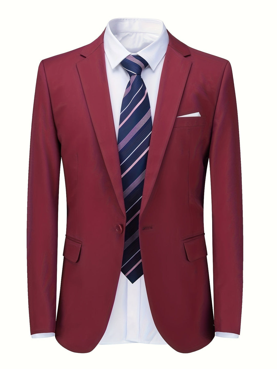 Bordeauxroter Herrenanzug mit weißem Hemd und gestreifter Krawatte, elegantes Business-Outfit.