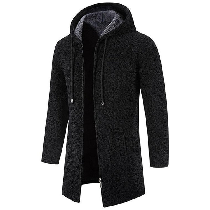 Schwarzer Herrenmantel mit Kapuze, Reißverschluss, Wintermode, warm, elegant, aus Wolle.