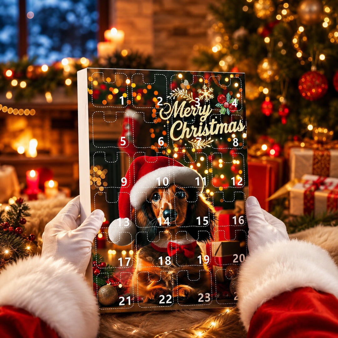 Ruce v bílých rukavicích Santy drží kalendář s číslovanými okénky a jezevčíkem v čepici před vánočním stromkem. 5