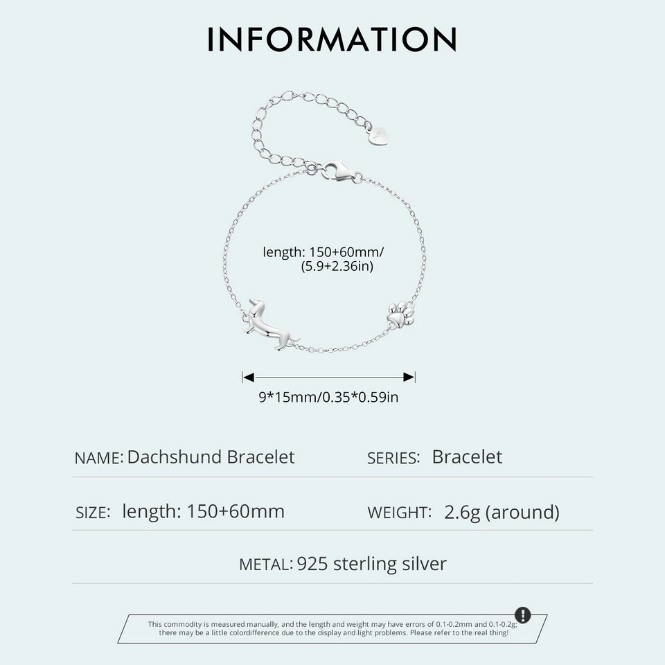 Silbernes Dackel-Armband, 925 Sterling Silber, Länge 150+60mm, Gewicht 2,6g.