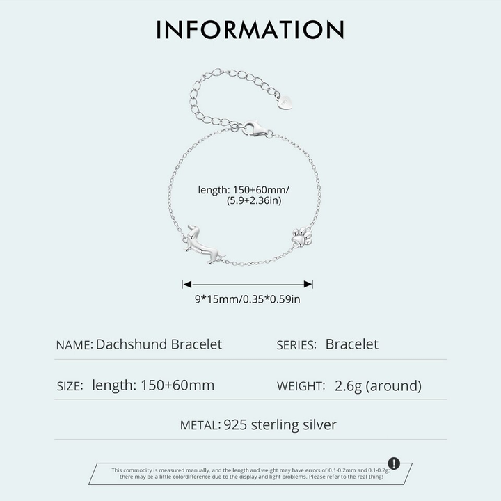 Silbernes Dackel-Armband, 925 Sterling Silber, Länge 150+60mm, Gewicht 2,6g.