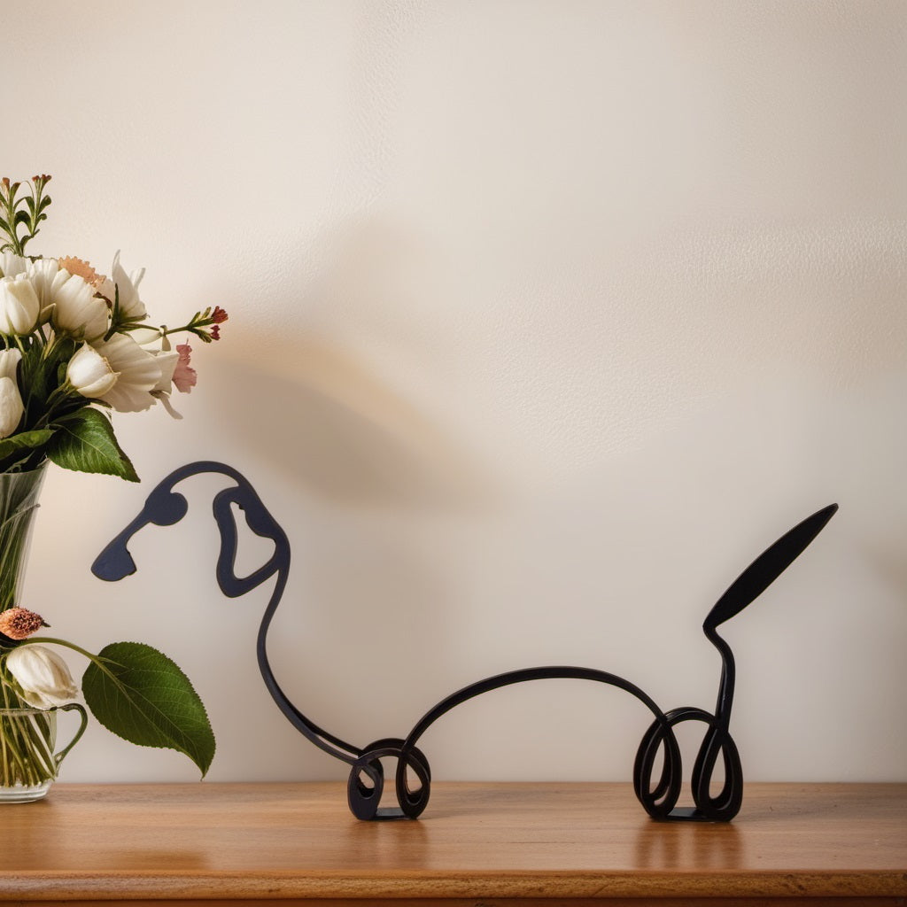 Dackel-Skulptur aus Metall, schwarz, auf Holzregal neben Blumenstrauß, moderne Deko.
