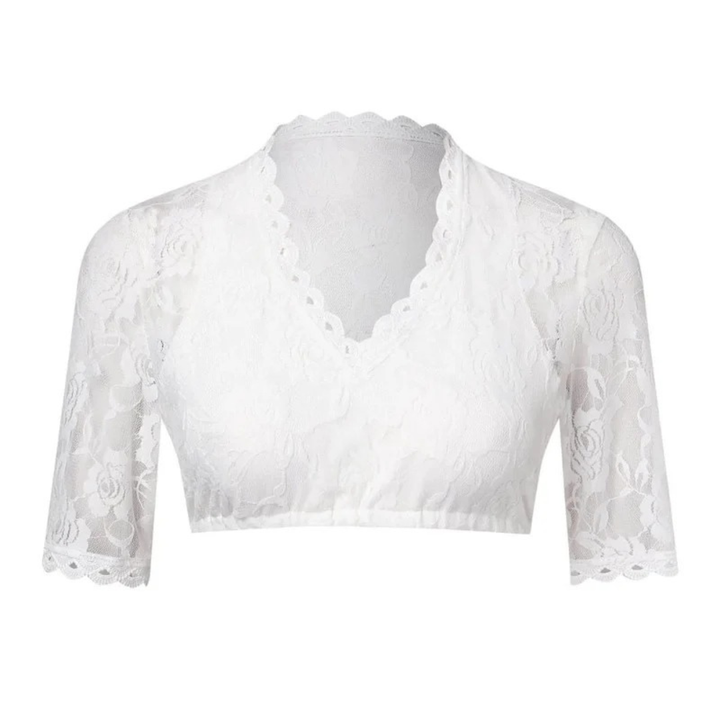 Bílý krajkový crop top s výstřihem do V a krátkými rukávy, samostatně na bílém pozadí, pohled zepředu. 3
