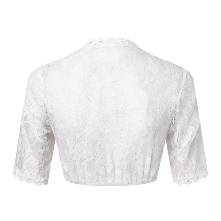 Bílý krajkový crop top z druhé strany, samostatně bez modelky, ukazuje záda s růžovým vzorem a krátké rukávy. 5