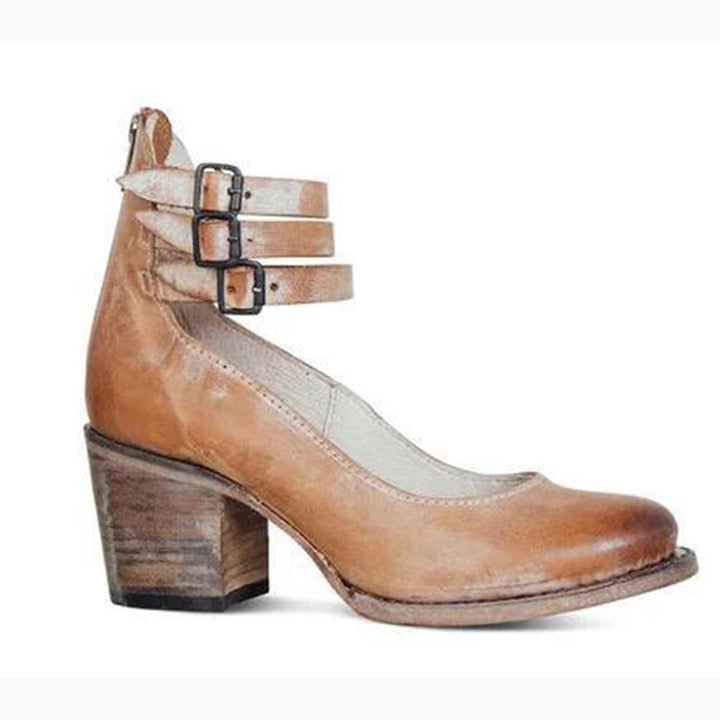 Brauner Damen-Lederschnürschuh mit Blockabsatz und doppelten Riemen, Vintage-Stil.