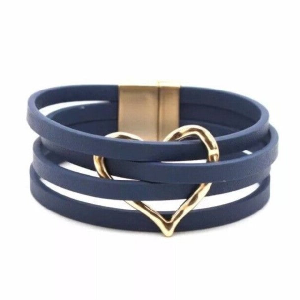 Damen Armband blau Leder mit goldfarbenem Herz, modisches Accessoire, Geschenkidee.
