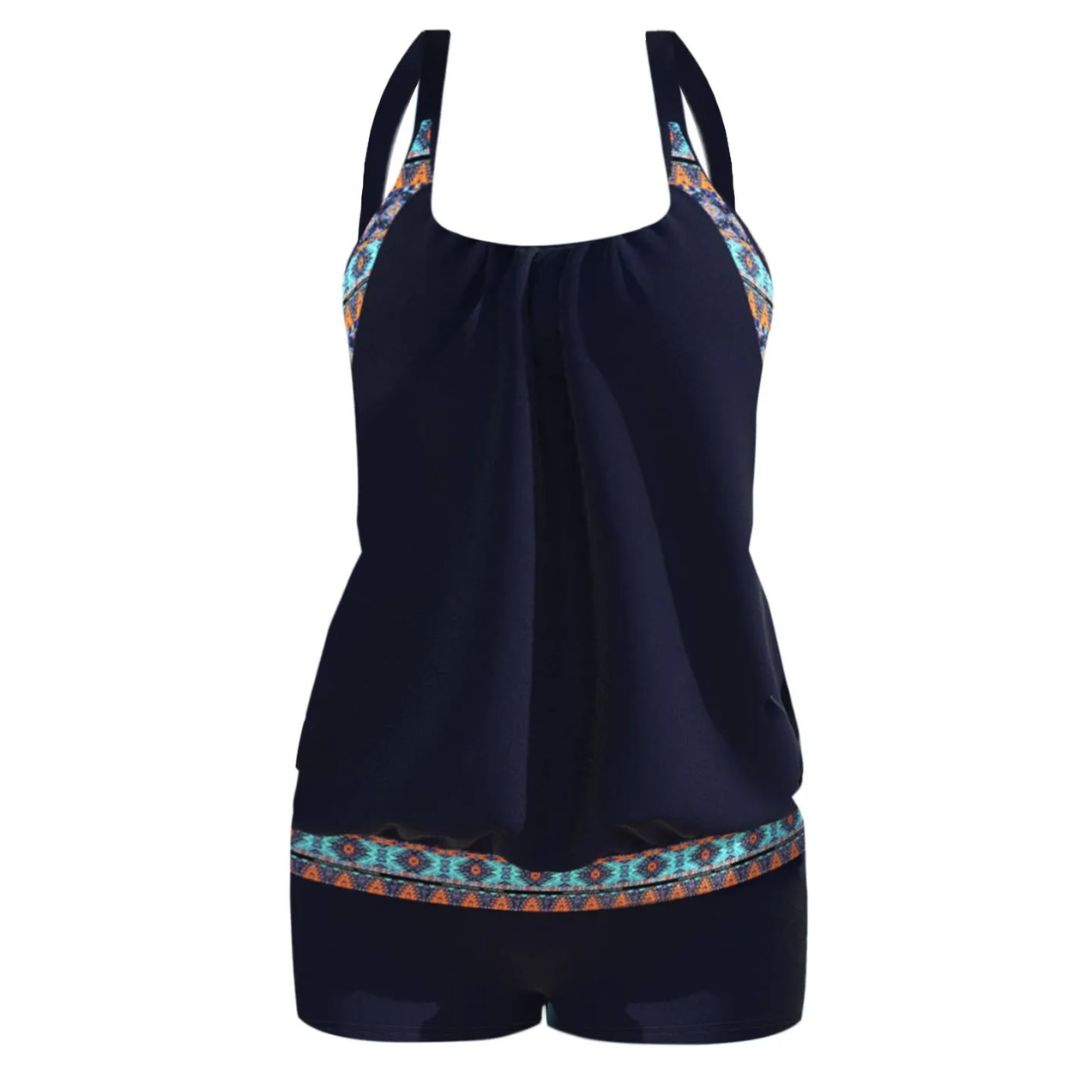 Damen Tankini Set, schwarz, mit buntem Aztekenmuster, Badeanzug, Sommermode, Strandbekleidung.