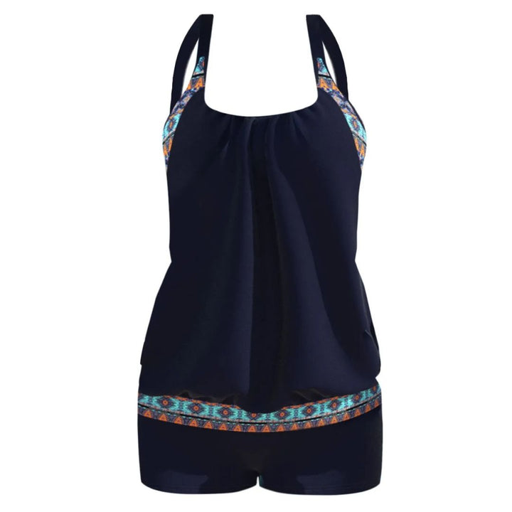 Damen Tankini Set, schwarz, mit buntem Aztekenmuster, Badeanzug, Sommermode, Strandbekleidung.