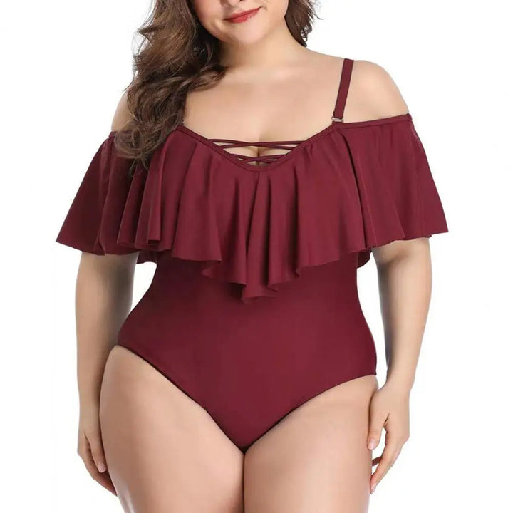 Damen Badeanzug, bordeauxrot, schulterfrei, Rüschen, Plus Size, elegantes Design.