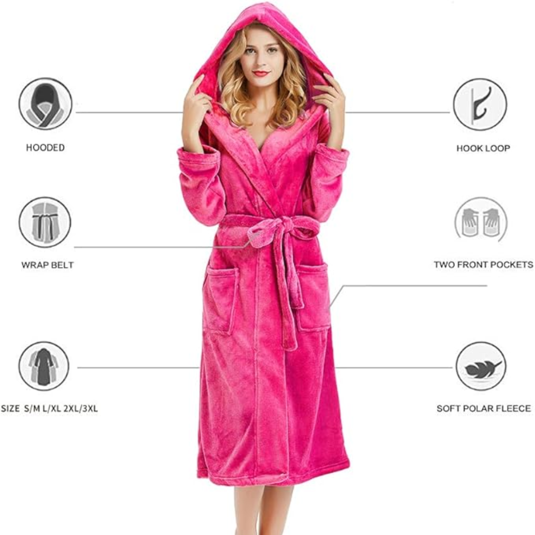 Flauschiger Damen Bademantel, pink, Kapuze, Bindegürtel, Taschen, weiches Polarfleece.