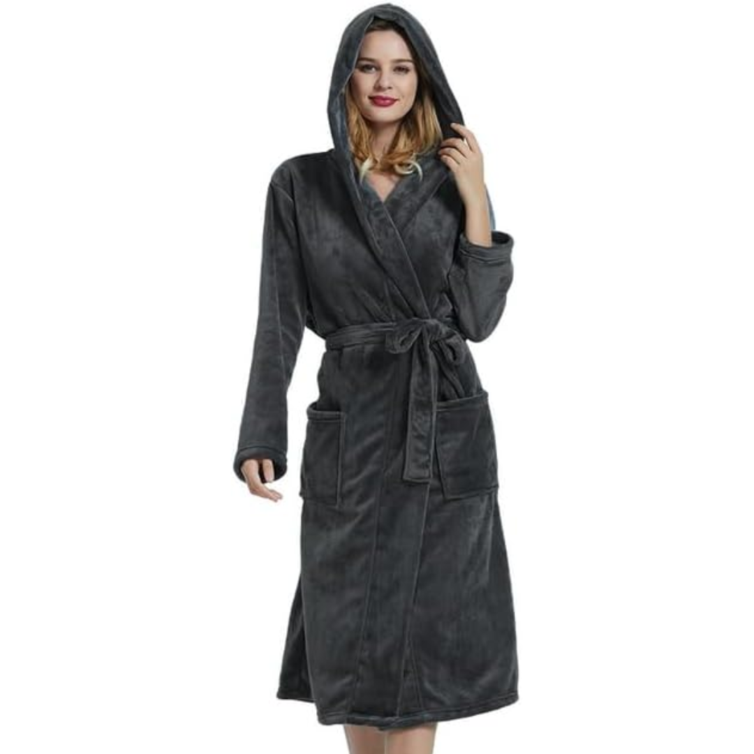 Damen Bademantel mit Kapuze, dunkelgrau, Fleece, weich, warm, gemütlich, Morgenmantel.