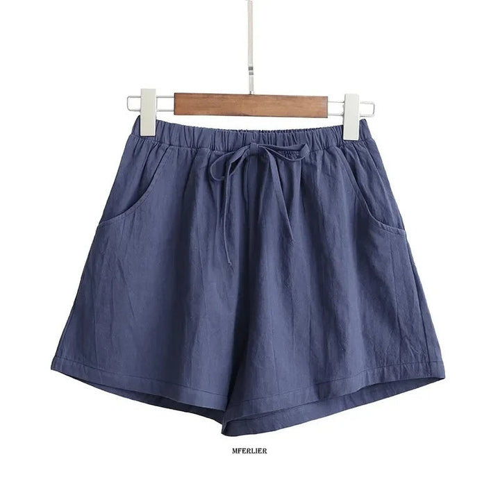 Damen-Shorts aus Baumwolle, dunkelblau, mit Taschen und Kordelzug, lässige Sommermode.