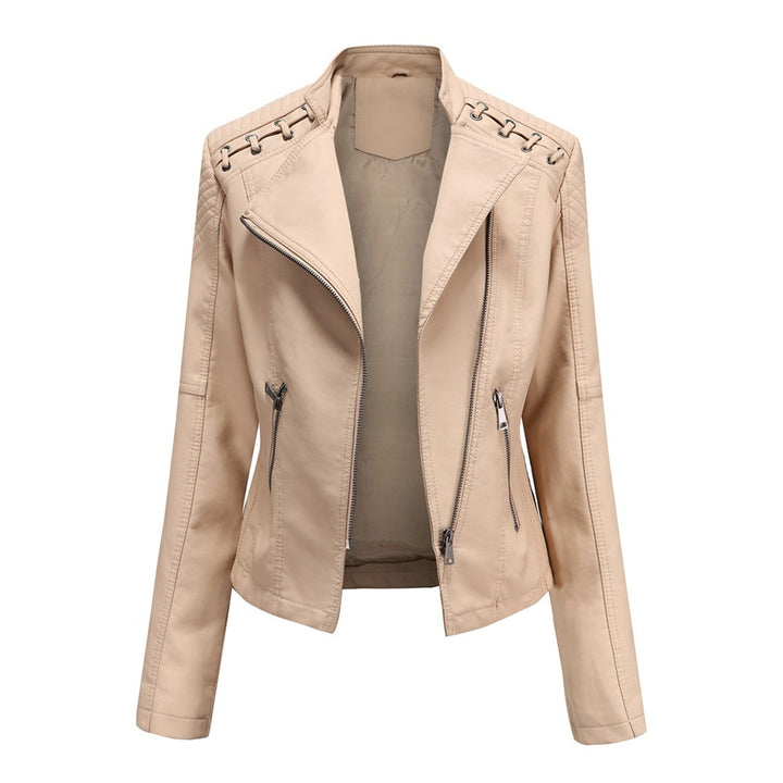 Beige Damen-Lederjacke mit Reißverschlüssen, modisch, elegant, Biker-Stil, Herbstmode.