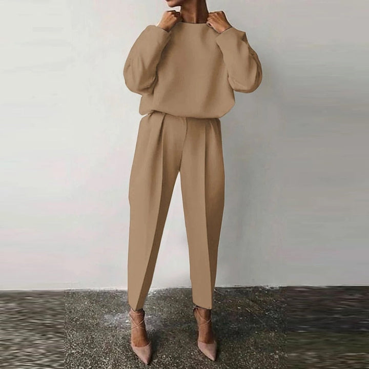 Damen Zweiteiler Set, beige, langärmelig, lässig, elegantes Design, modische Kleidung.