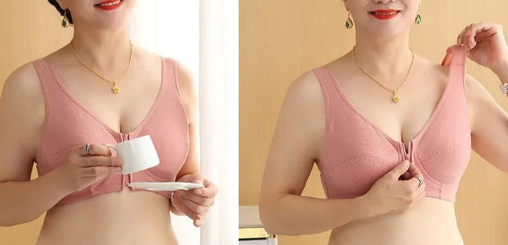 Frau in rosa BH mit V-Ausschnitt, Reißverschluss vorne, bequem, stützender Damenunterwäsche.