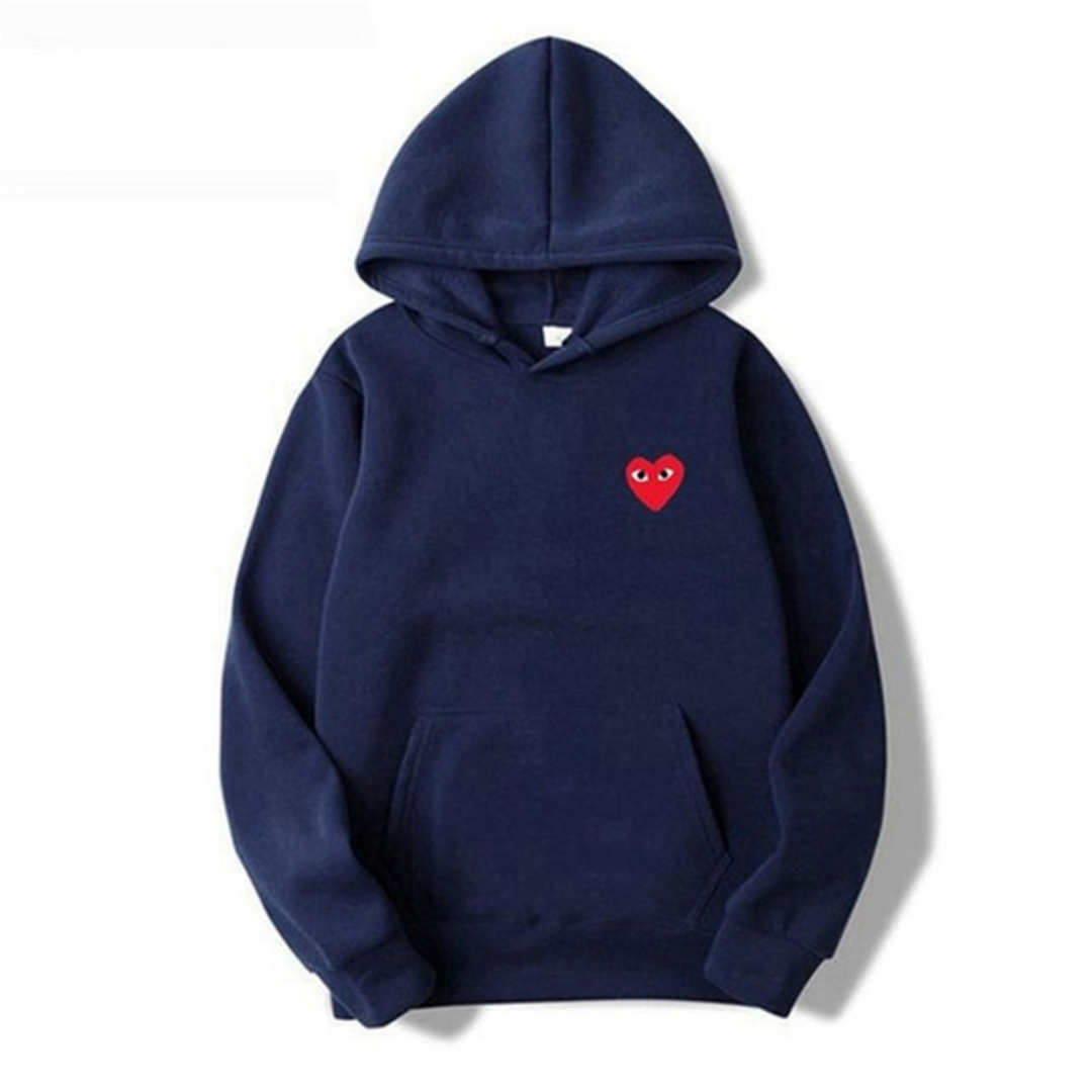 Dunkelblauer Damen-Hoodie mit rotem Herz-Design, Baumwolle, Kapuze, modisch, bequem.