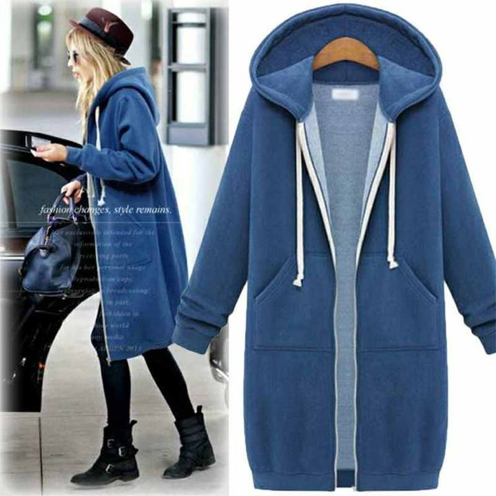 Damen Kapuzenmantel blau, lang, Reißverschluss, Taschen, modisch, Herbst-Winter-Bekleidung.