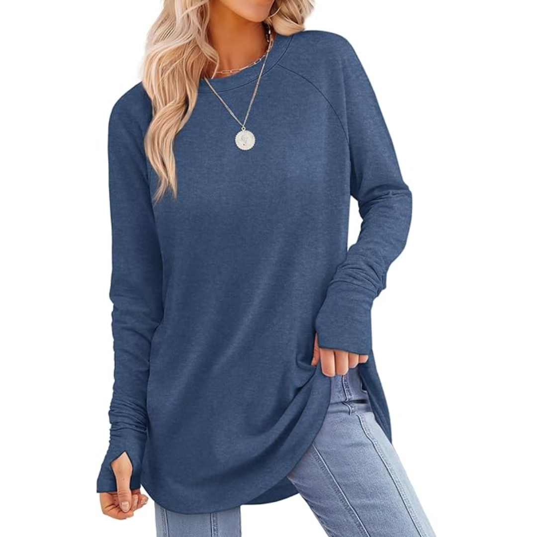 Damen Langarmshirt blau, lässig, Baumwolle, Herbstmode, Rundhals, Freizeitkleidung, elegant.