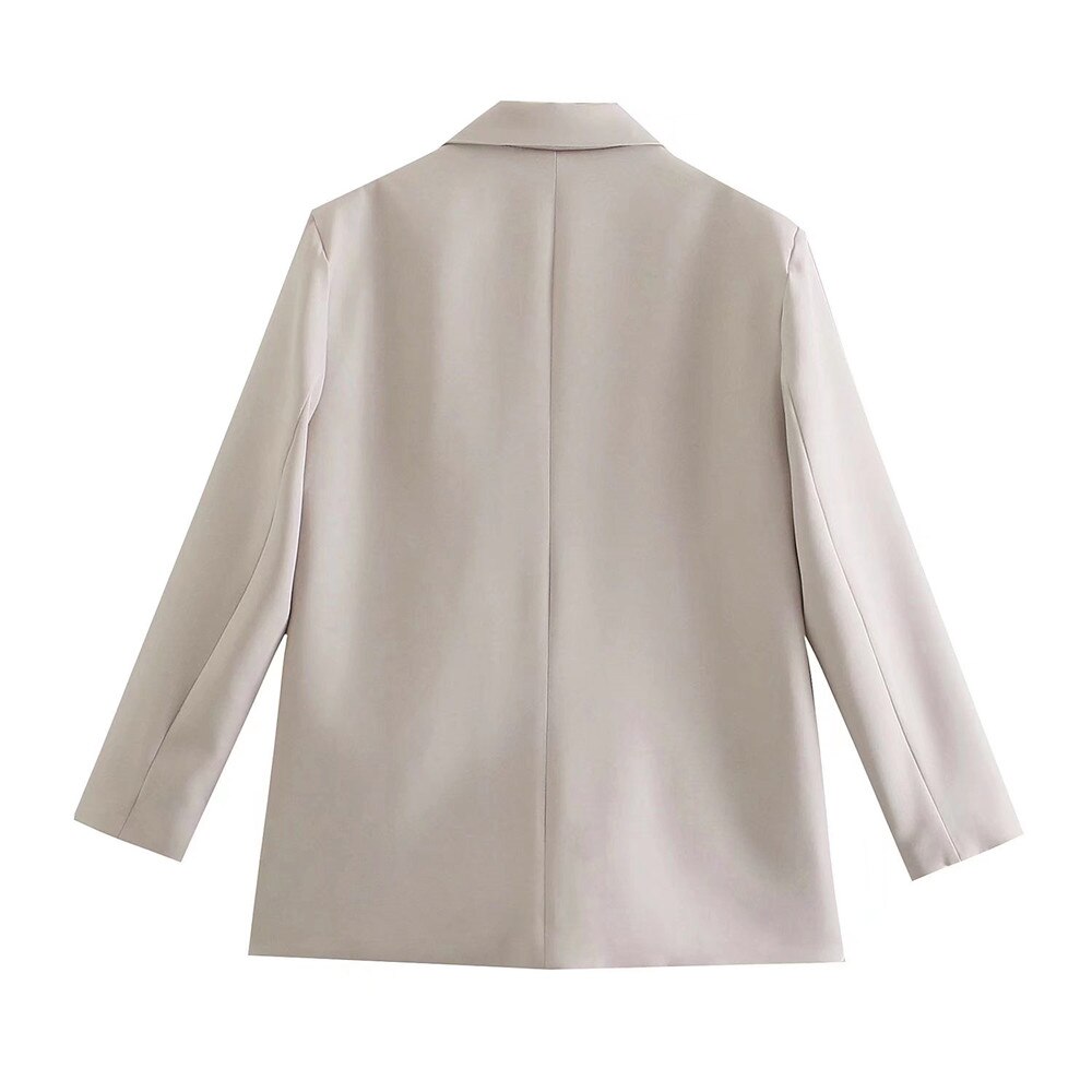 Beiger Damenblazer, langärmelig, elegantes Design, Businessmode, Rückansicht.
