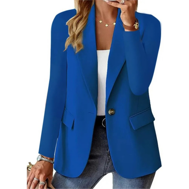 Blaue Damenblazer, lange Ärmel, schlank, mit Taschen, modisch, elegant.