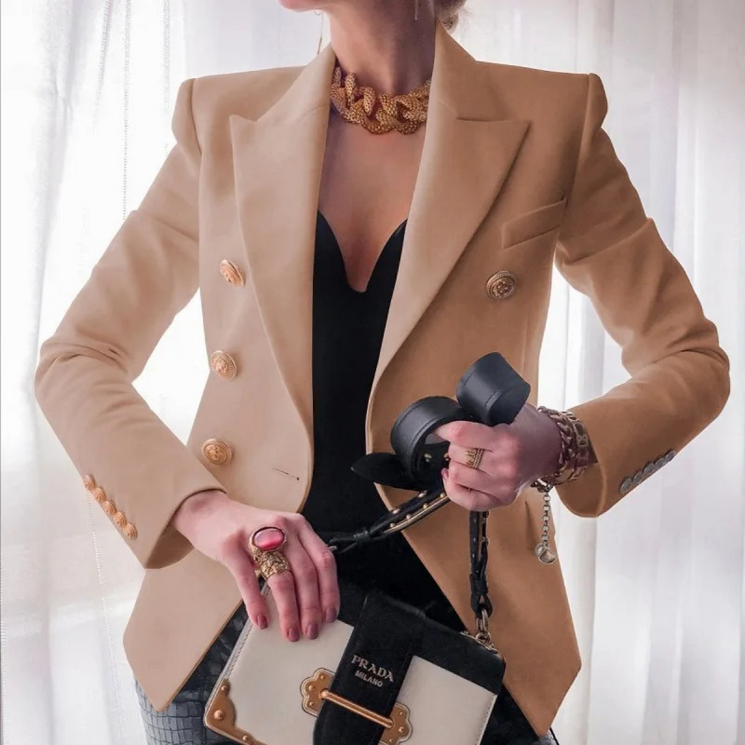 Damenblazer beige, doppelreihig, Vintage-Stil, elegante Mode, Knöpfe, formell, stilvoll