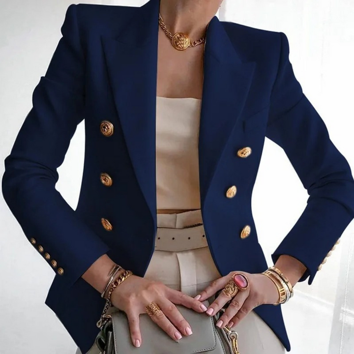 Damenblazer Vintage, dunkelblau, doppelreihig, goldene Knöpfe, eleganter Stil.