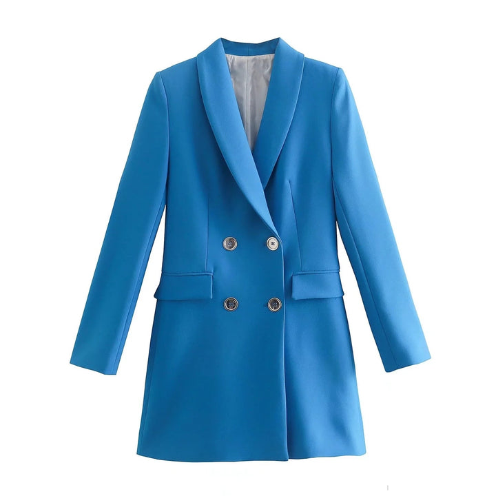 Blauer Damenblazer, zweireihig, elegantes Design, modische Damenbekleidung, Büro-Outfit.