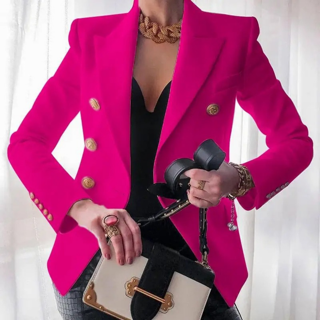 Damenblazer pink, doppelreihig, Vintage-Stil, goldene Knöpfe, elegantes Design.