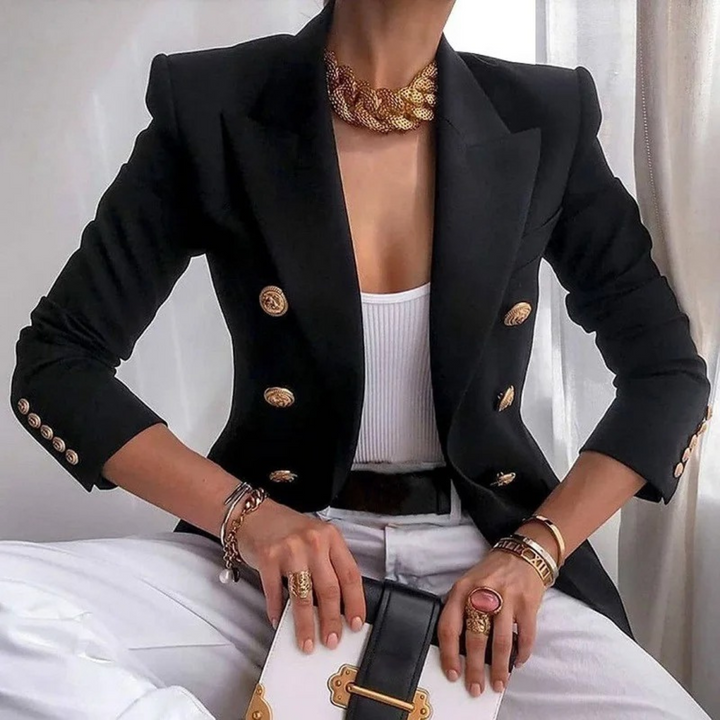 Damenblazer Schwarz, Doppelreiher, Vintage-Stil, Goldknöpfe, Elegante Mode, Damenbekleidung