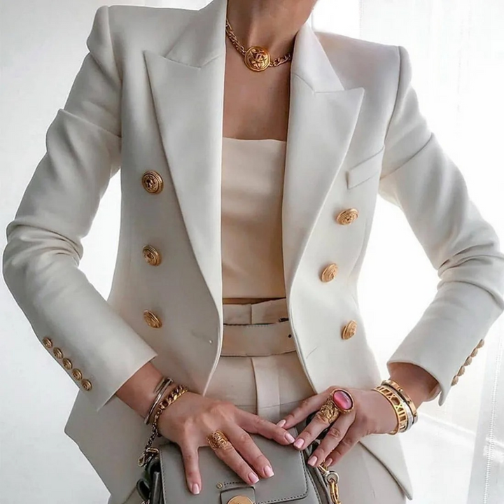 Damenblazer mit doppelter Knopfreihe, cremefarben, Vintage-Stil, elegantes Design.