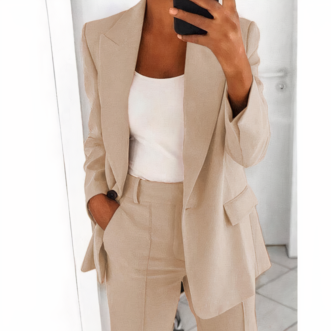 Damen Blazer Beige, Ein-Knopf, Casual, Büro, Anzug, Taschen, Elegante Damenmode.