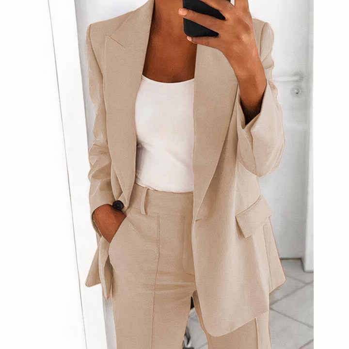 Damen Blazer Beige, Ein-Knopf, Casual, Büro, Anzug, Taschen, Elegante Damenmode.