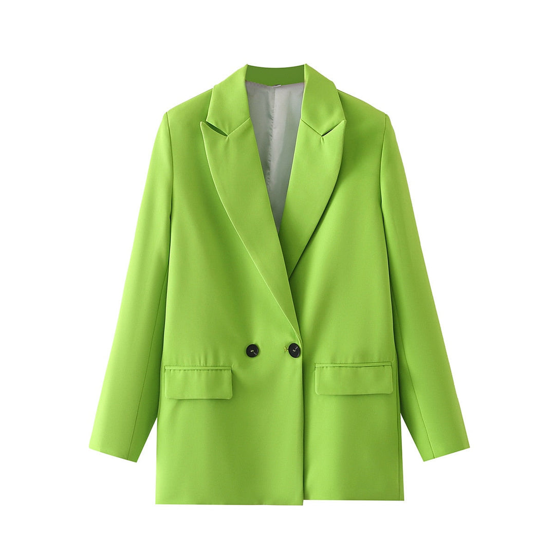 Grüner Damenblazer, zweireihig, modisch, elegant, aus Polyester, für Büro und Freizeit.