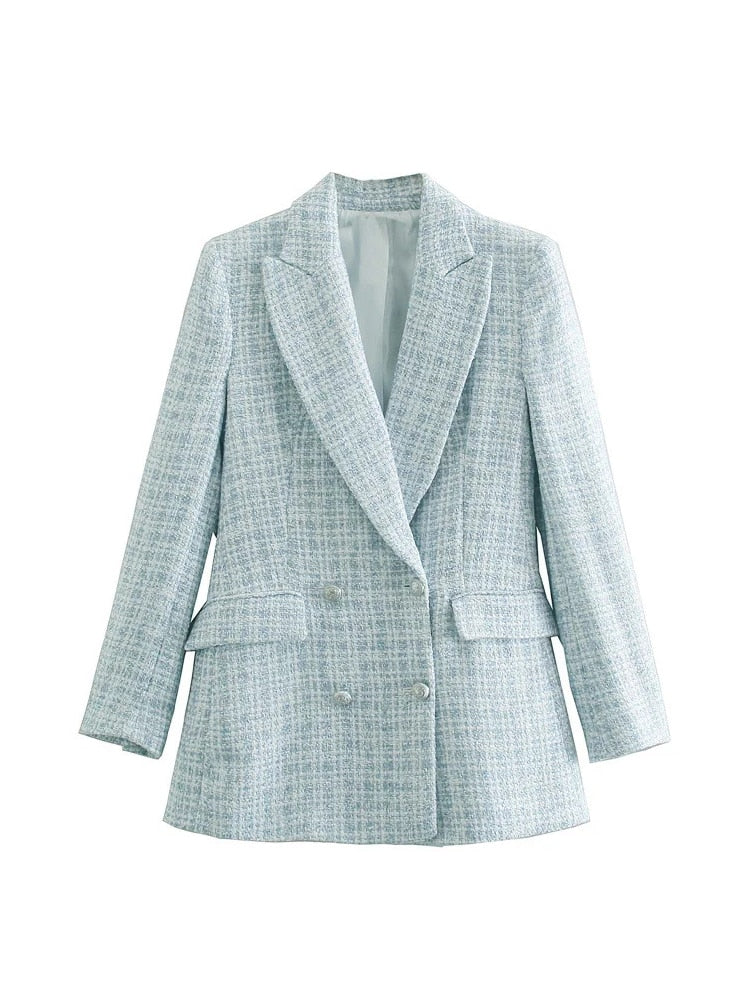 Hellblauer Damenblazer, kariert, zweireihig, elegant, aus Baumwolle, modisch.