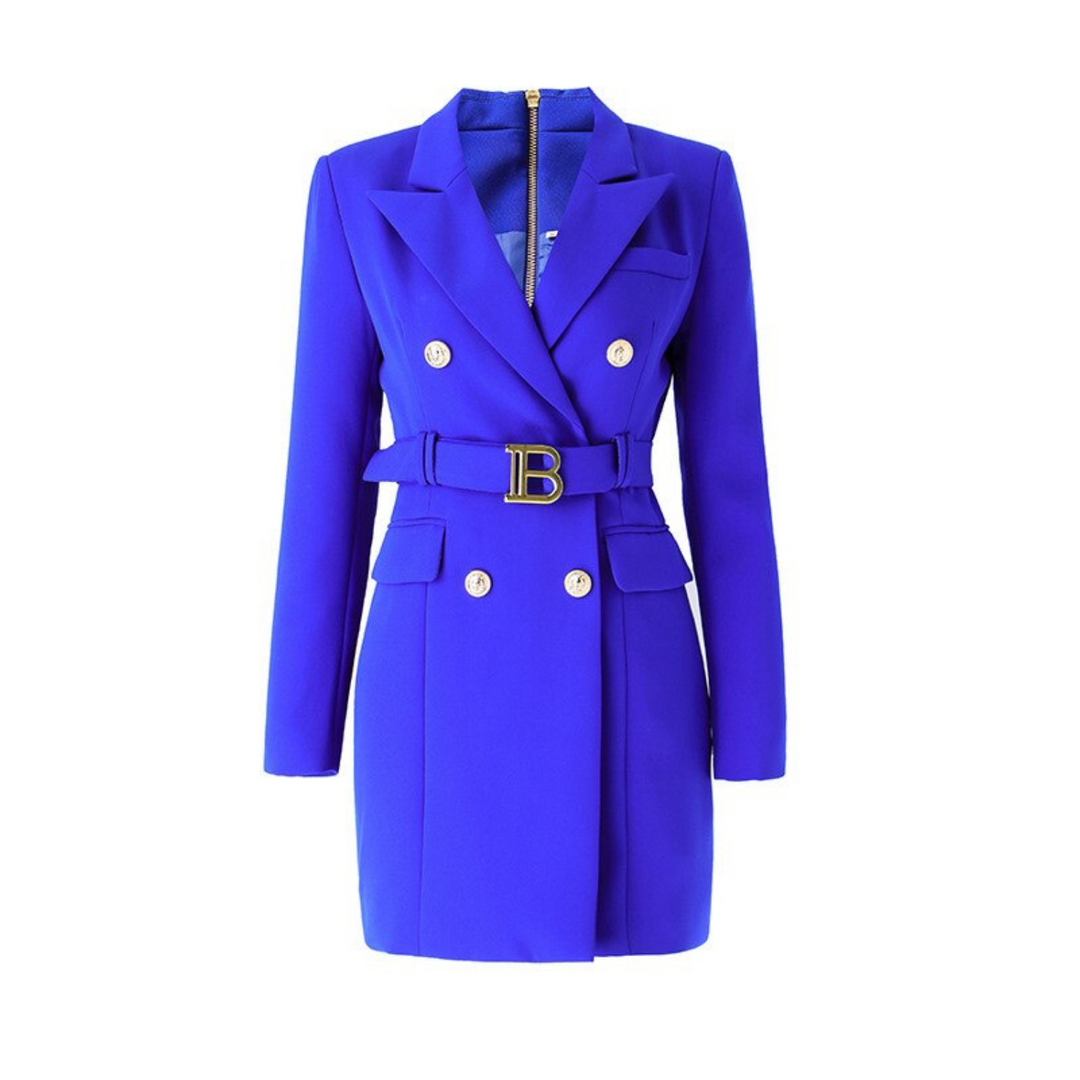 Blauer Damenblazer mit Gürtel, doppelreihig, elegantes Design, modische Damenbekleidung.