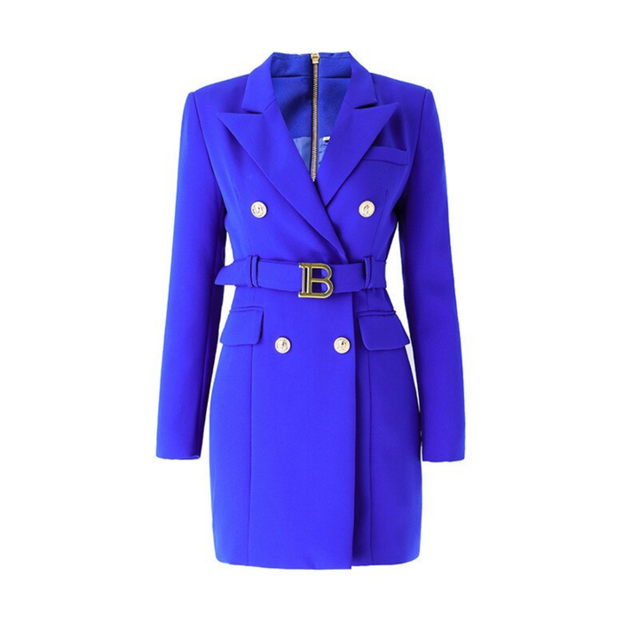 Blauer Damenblazer mit Gürtel, doppelreihig, elegantes Design, modische Damenbekleidung.