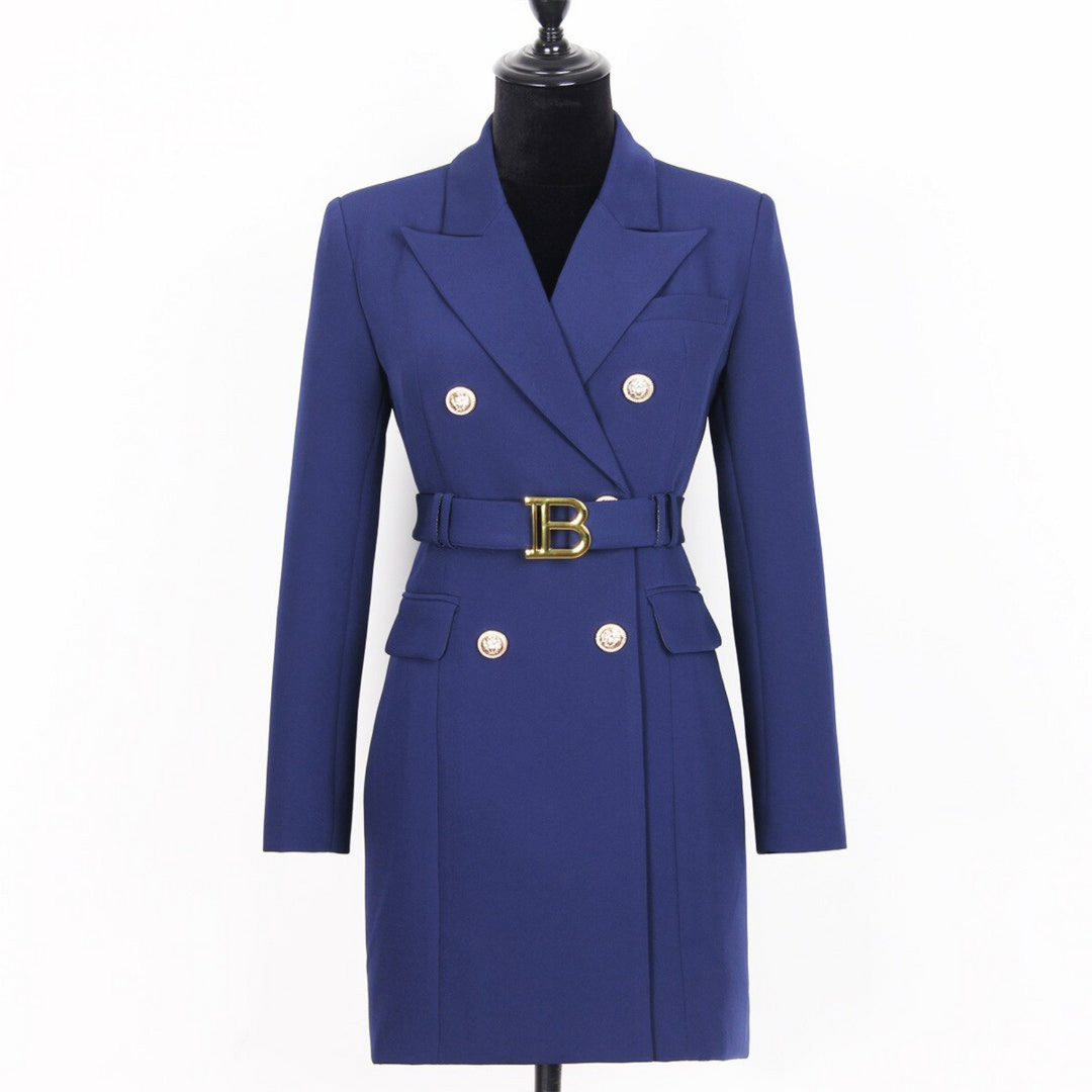 Damen Blazer-Kleid, blau, doppelreihig, Gürtel mit goldener Schnalle, elegantes Design.