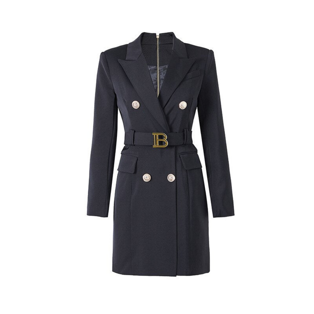 Schwarzer Damenblazer mit Gürtel, doppelreihig, elegantes Design, Businessmode.